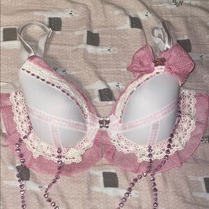 Custom Hand Made Elegant Pink Lace Decorative Rave Bra with Bow Accent